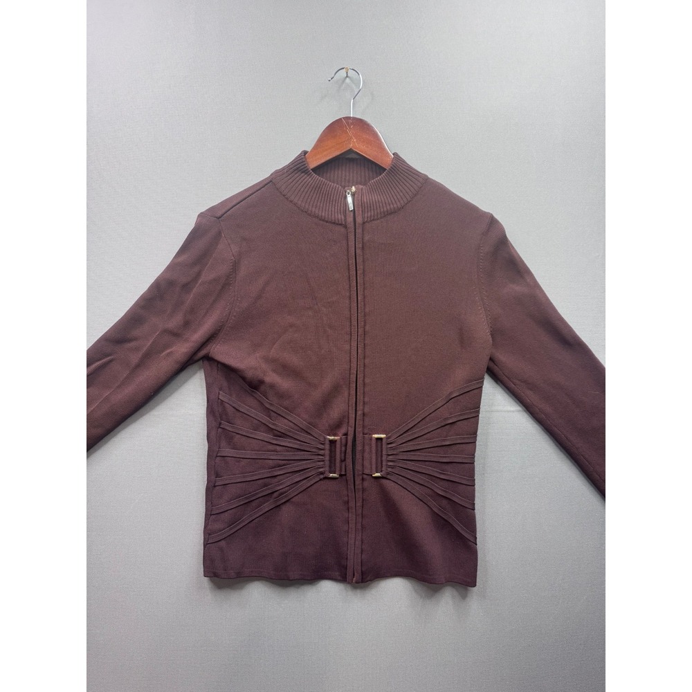 RADZOLI Vintage Womens‎ Brown Ribbed Zip Up Mock Neck Sweater Jacket Medium